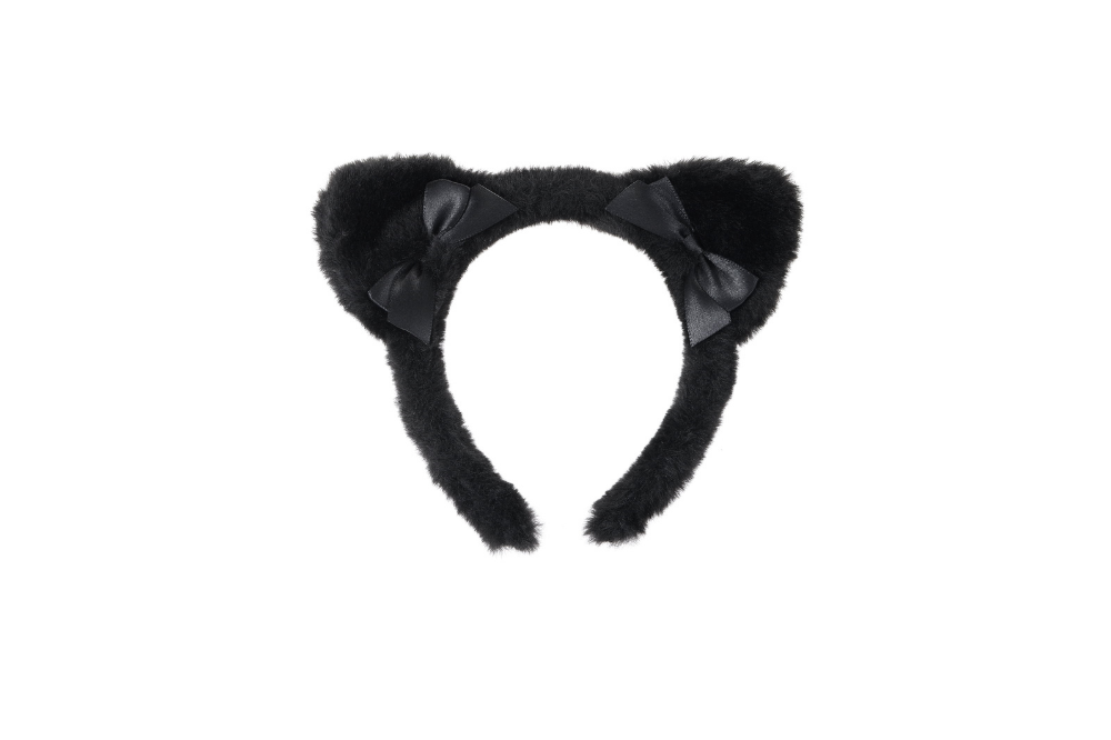 Black fuzzy cat-ear headband with small bows