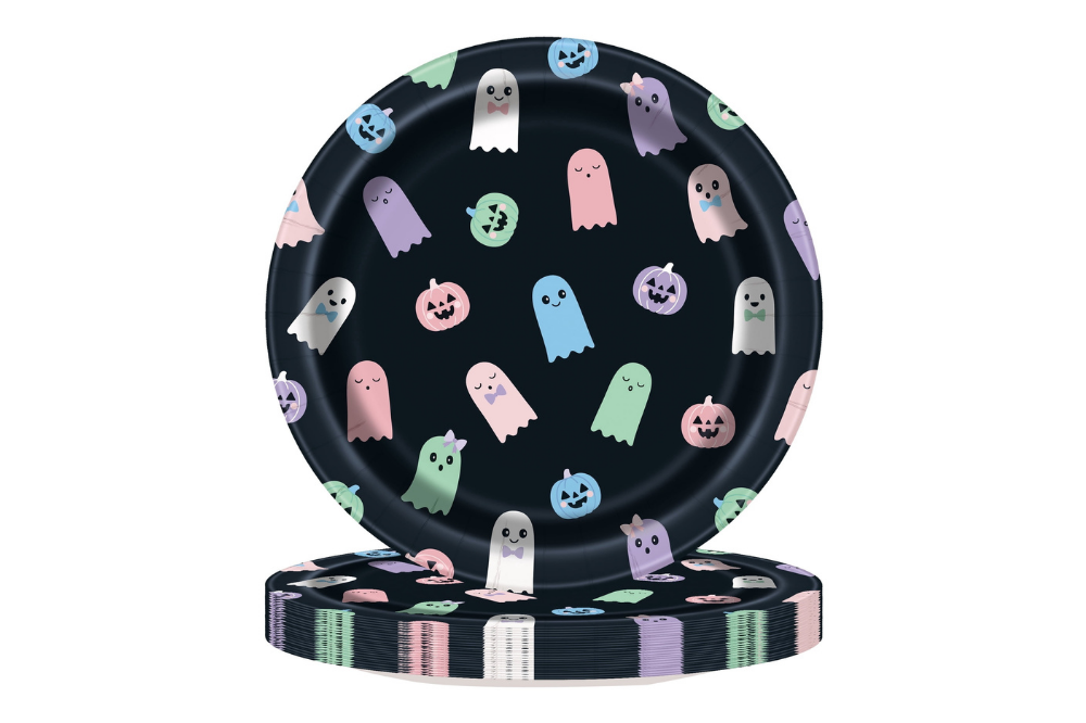 Black paper plates printed with colorful ghosts
