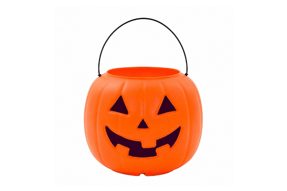 Orange jack-o’-lantern trick-or-treat pail with black handle