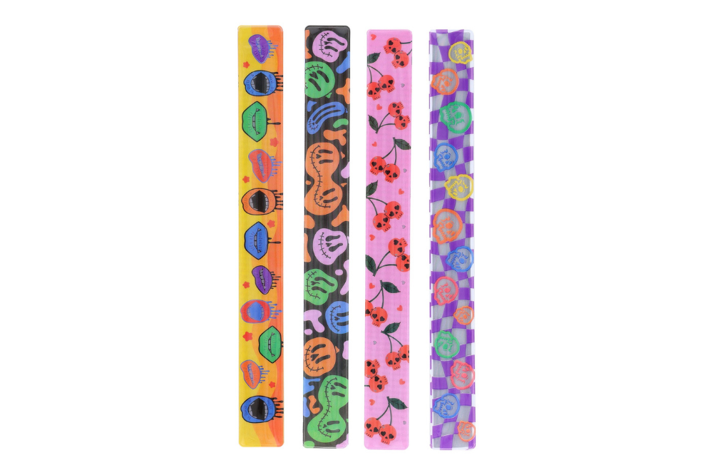 Four colorful reflective Halloween slap bracelets
