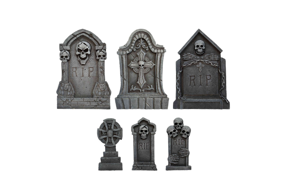 Six gray skull-themed Halloween tombstones