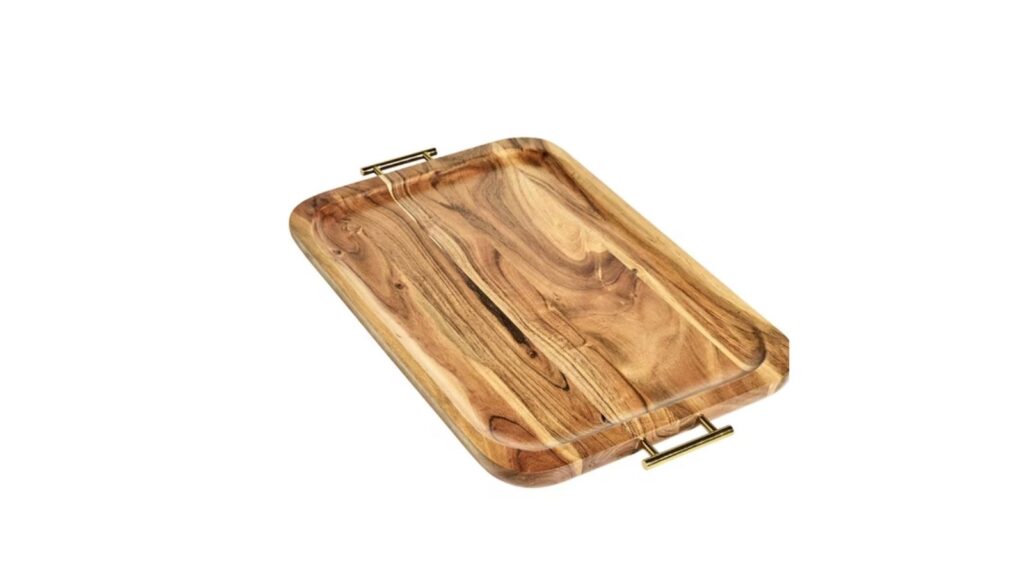Wood Rectangular Serving Tray with Gold Color Handles