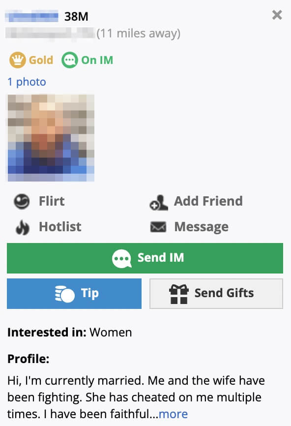 Example profile on adult friend finder hookup app.