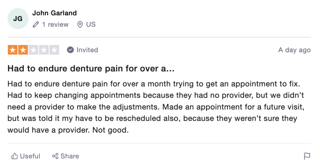 Negative review of Affordable Dentures and Implants posted on Trustpilot.