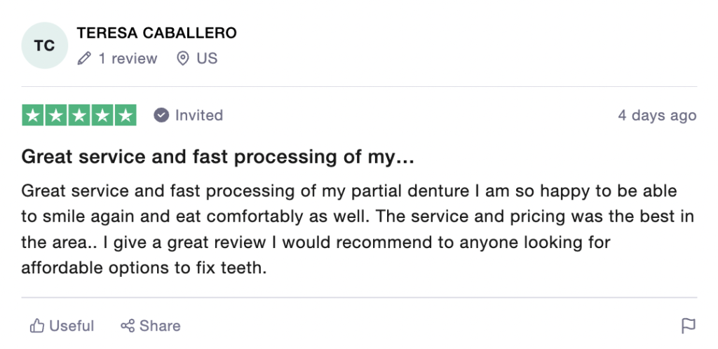 Trustpilot review on Affordable Dentures and Implants.
