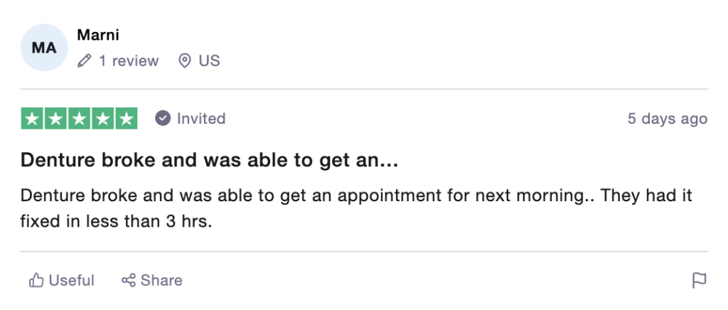 5-star review on Affordable Dentures and Implants Trustpilot profile.