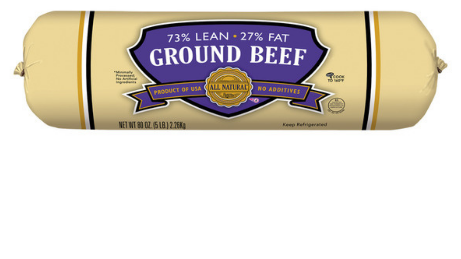 Five-pound ground beef chub in yellow packaging