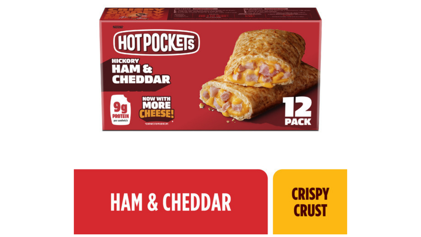 Hot Pockets ham and cheddar twelve-pack box and label