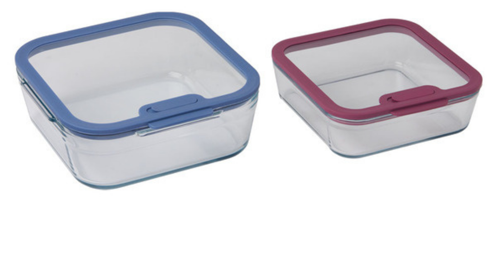 Two rectangular Crofton glass food storage containers with lids