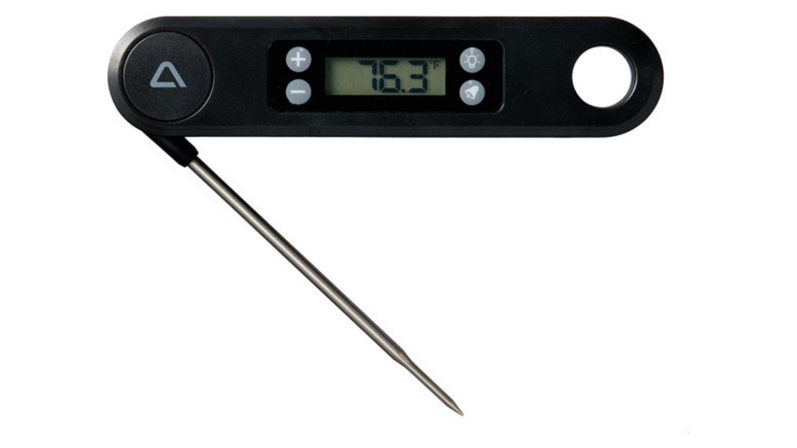 Black Ambiano digital meat thermometer with its probe extended