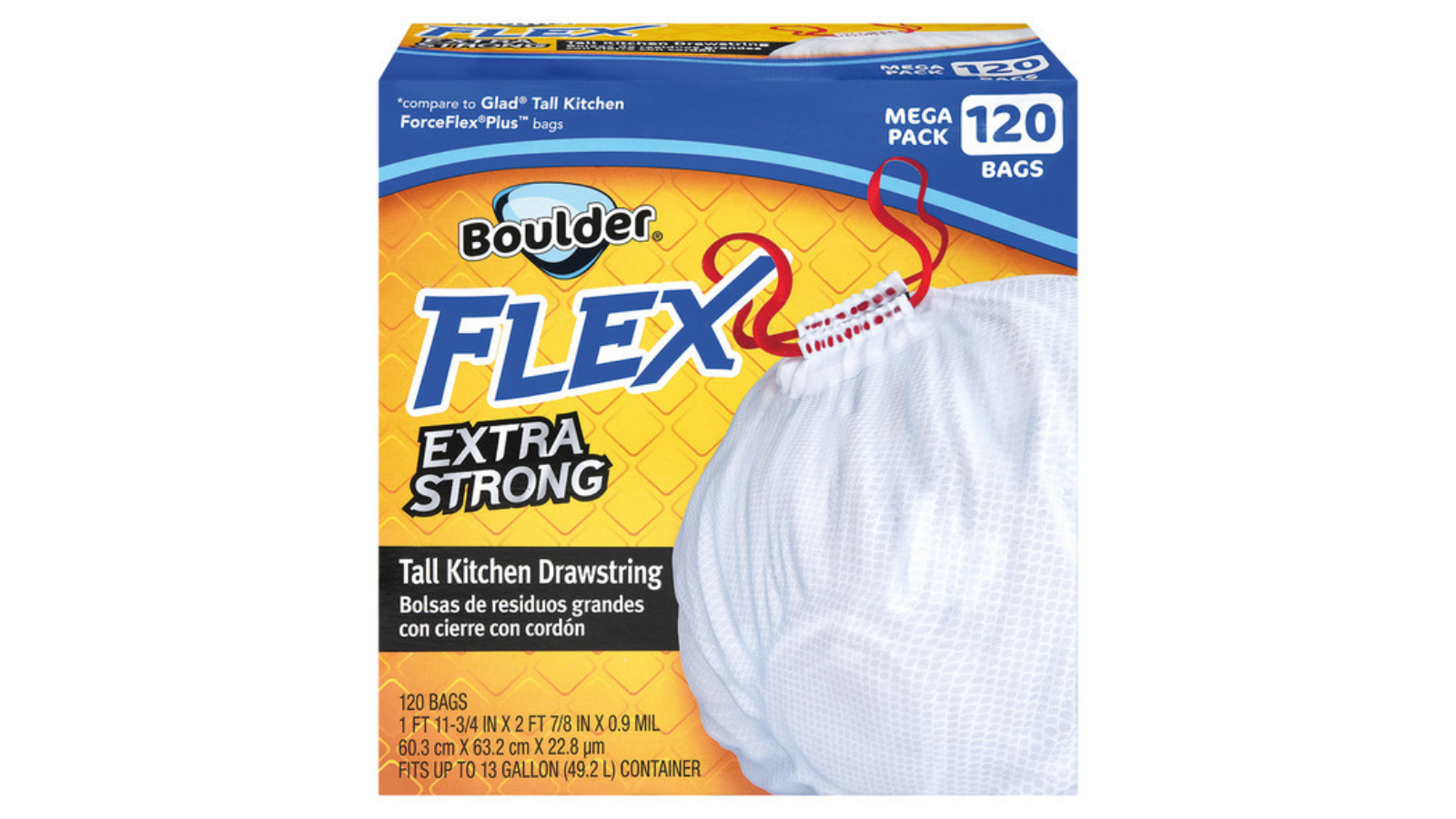Boulder Flex drawstring kitchen bags box containing 120 bags
