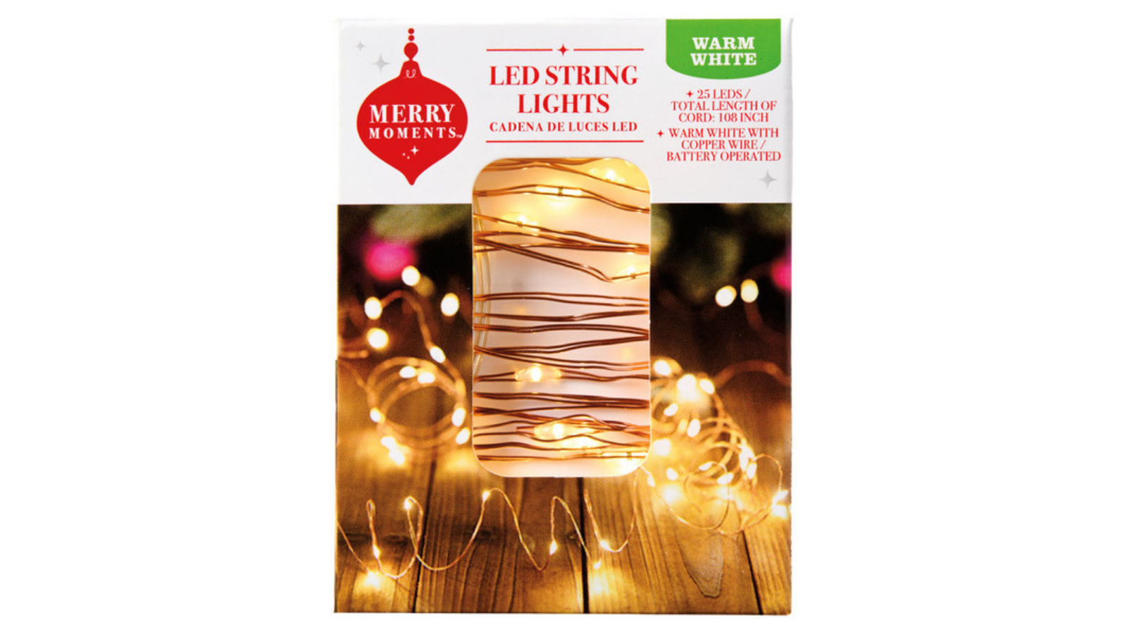 Merry Moments warm white LED string lights packaging