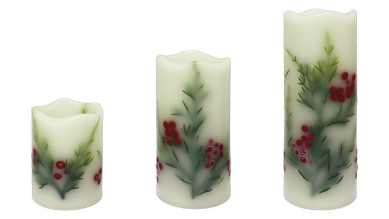 Three Merry Moments LED candles with holly berry designs