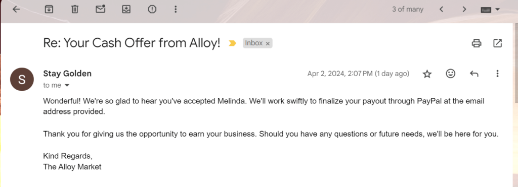 Melinda's payout instructions from Alloy.
