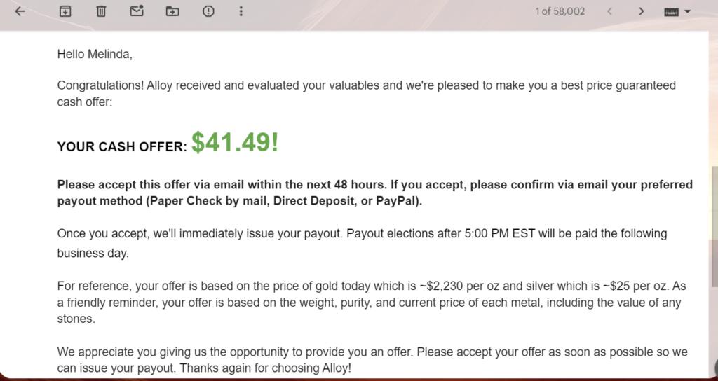 Melinda's initial emailed offer from Alloy.