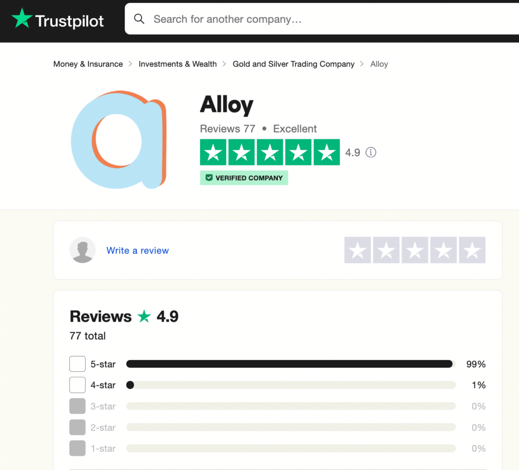 Alloy Market profile on Trustpilot in April 2024.