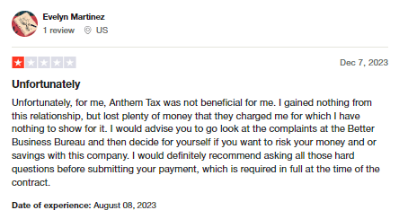 Review on Trustpilot about Anthem Tax Services.