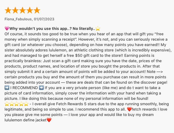 5-star review of Fetch, an app to scan receipts.
