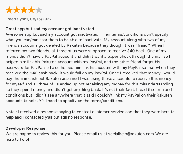 4-star review of Rakuten, an app to scan receipts.