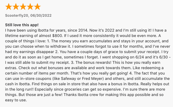 5-star review of Ibotta, an app to scan receipts.