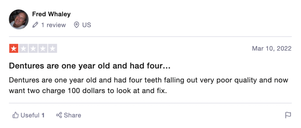 1-star Aspen Dental dentures review on Trustpilot.