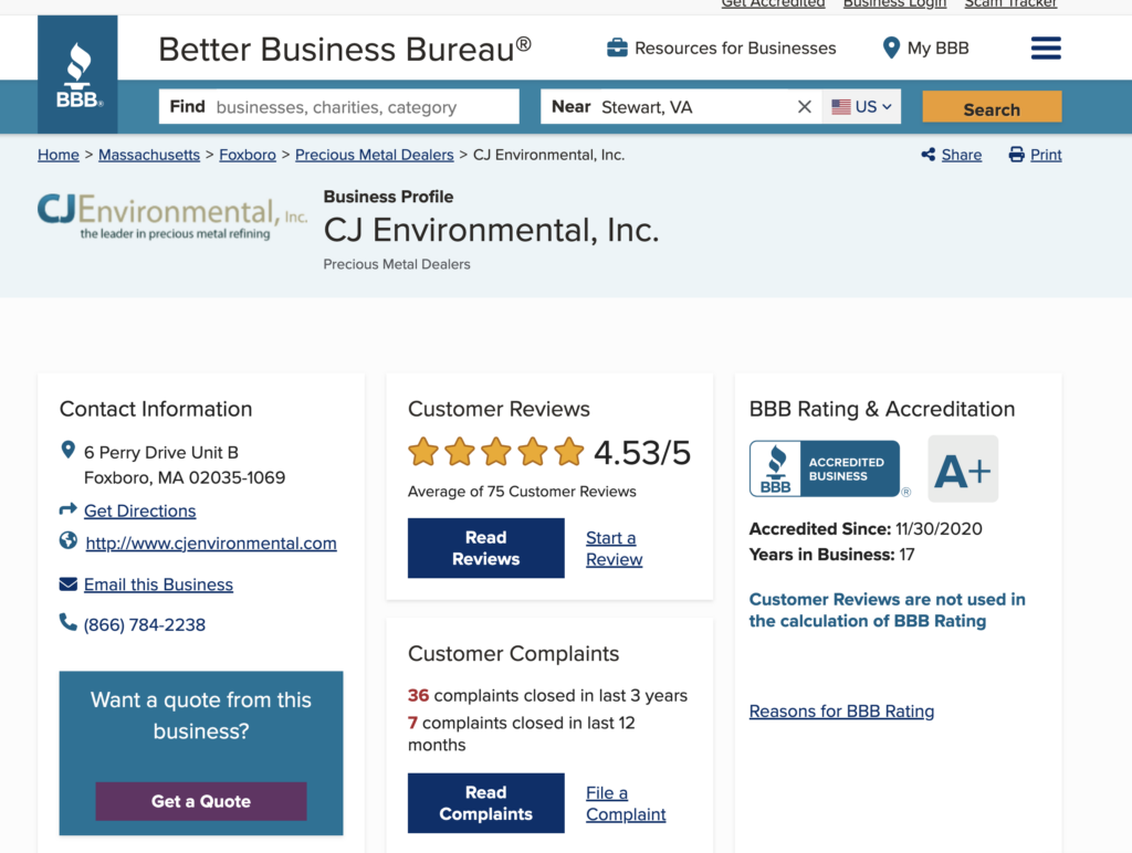CashforGoldUSA page on the Better Business Bureau website.