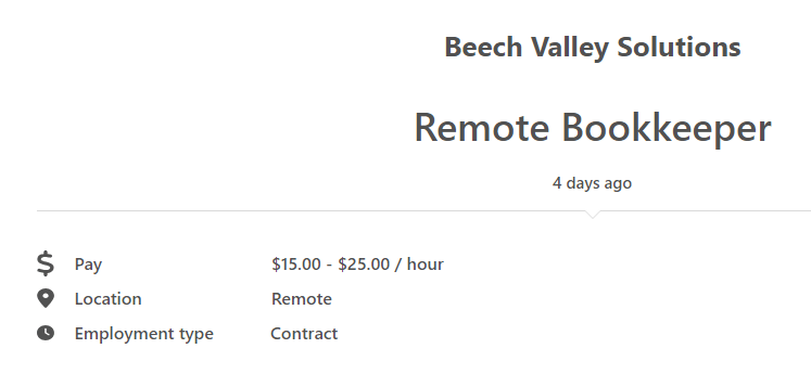 Virtual bookkeeping job post at Beech Valley.