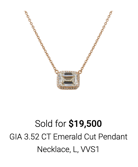 Emerald cut pendant necklace sold on online jewelry auction site Worthy. 