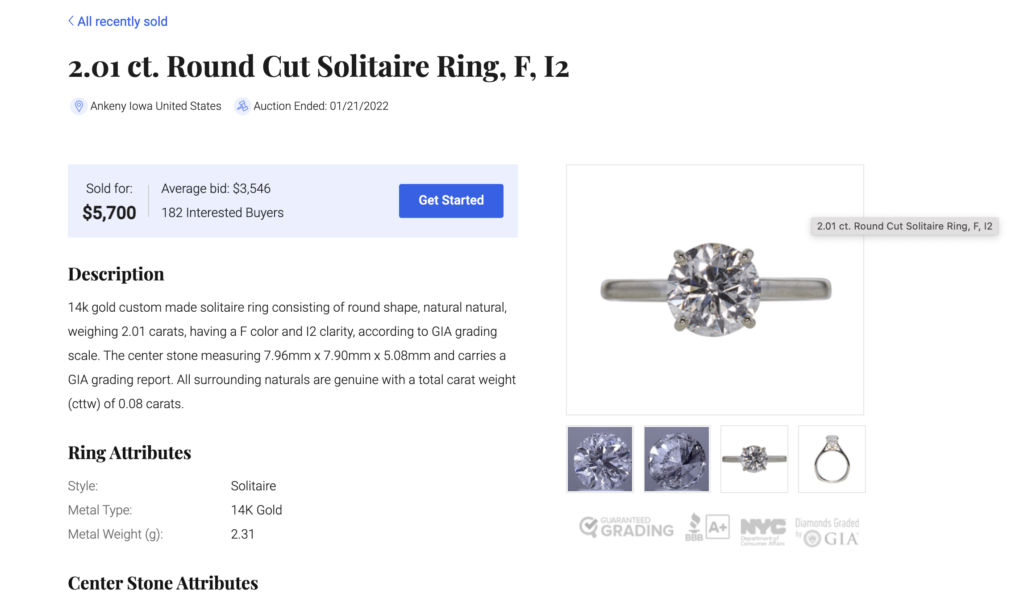 A 2.01 Round Cut Solitaire Diamond Ring, sold for $5,700.