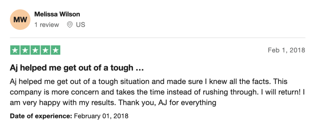 5-star Trustpilot review of ALG Tax Solutions, one of the best tax relief companies.