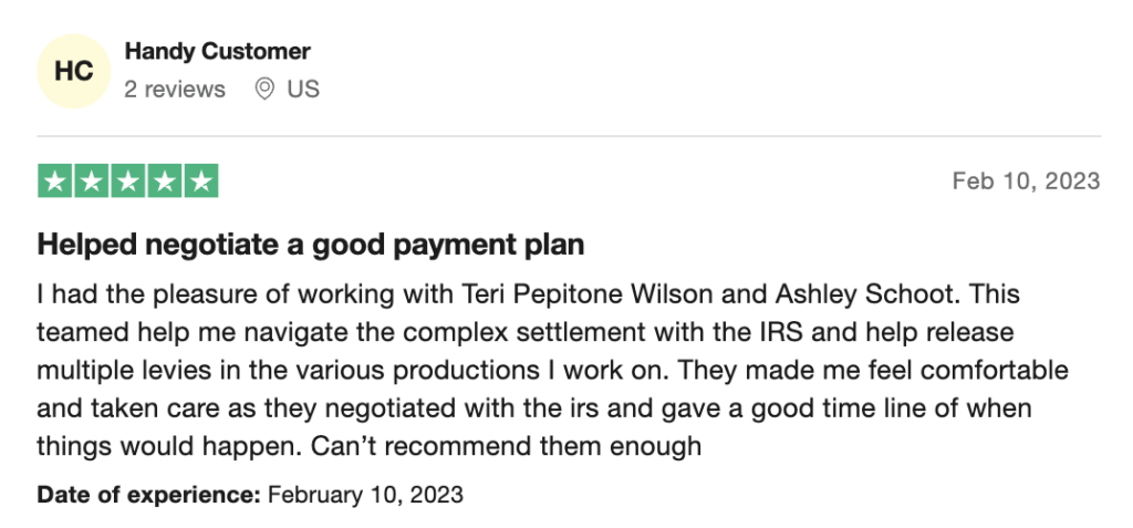 Trustpilot review of Community Tax, one of the best tax relief companies.