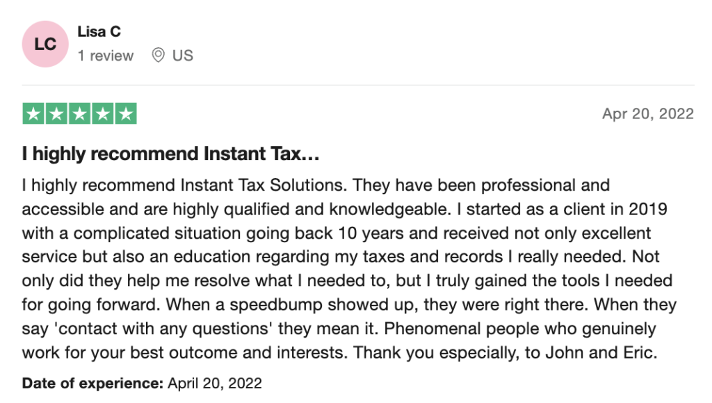 Trustpilot review of Instant Tax Solutions, one of the best tax relief companies.