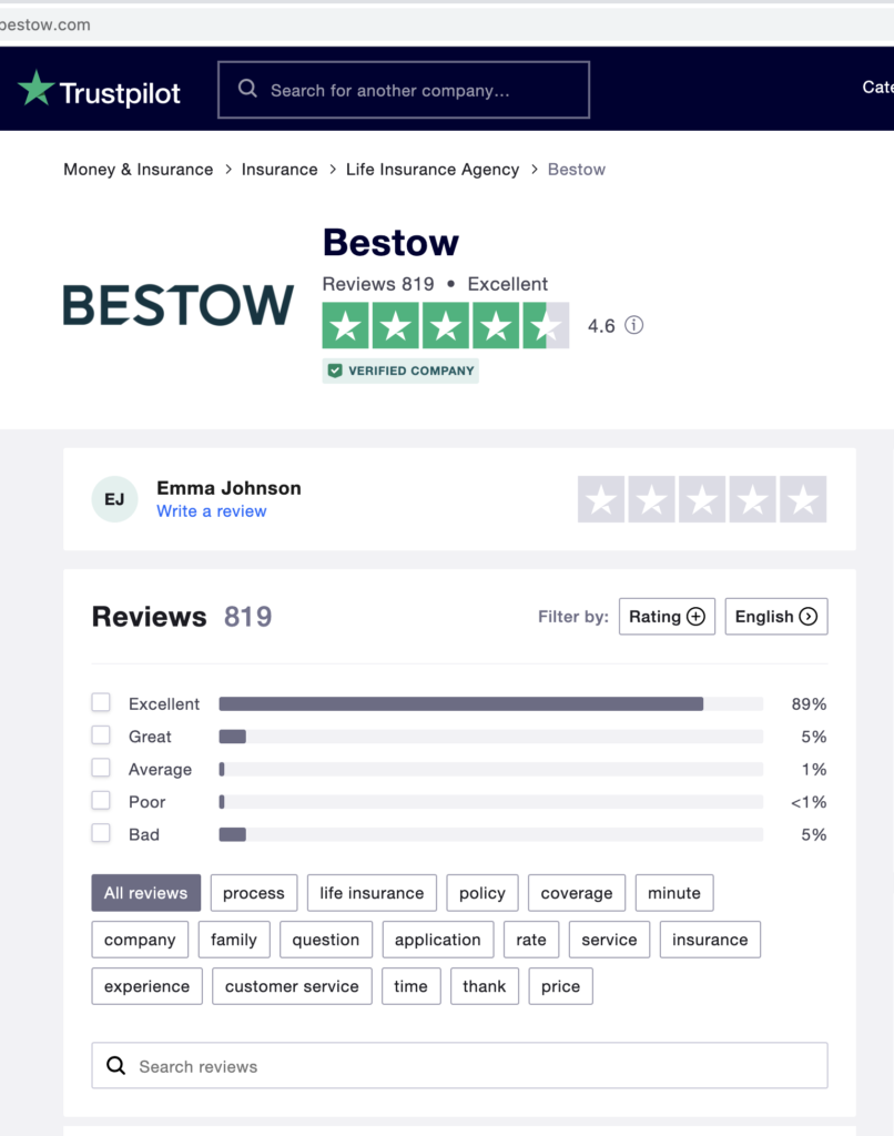 Trustpilot reviews of life insurance company Bestow.com.