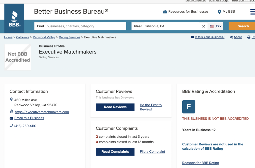 BBB review of professional matchmaker Executive Matchmakers.