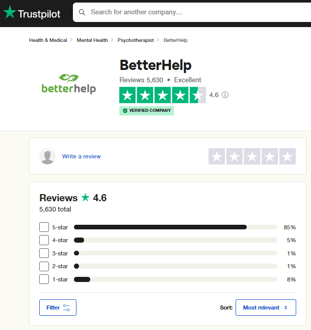 Screenshot of Betterhelp reviews on Trustpilot.