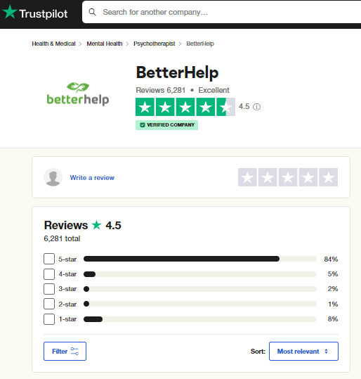 Screenshot of Betterhelp reviews on Trustpilot.