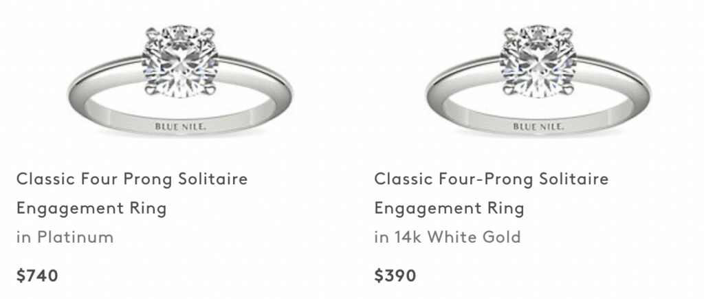 White gold and platinum diamond engagement ring settings on Blue Nile.
