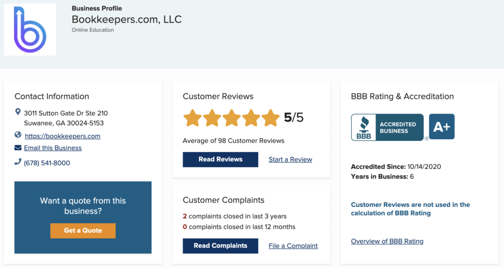 Better Business Bureau page for Bookkeeper Launch.