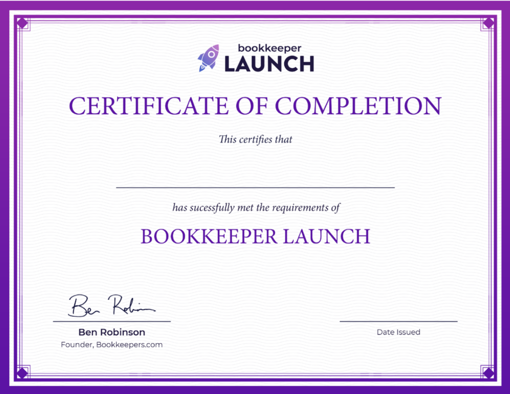 Certificate from Bookkeeper Launch course.