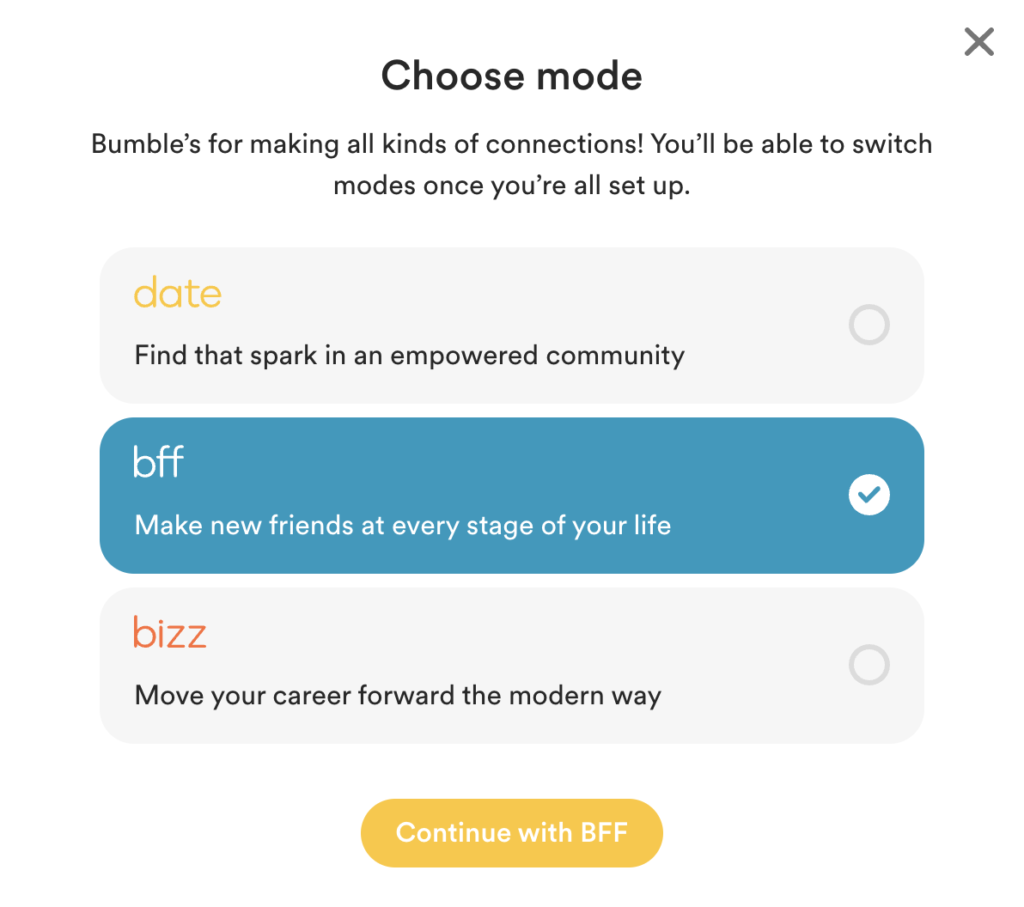 Modes available on Bumble make friends app.