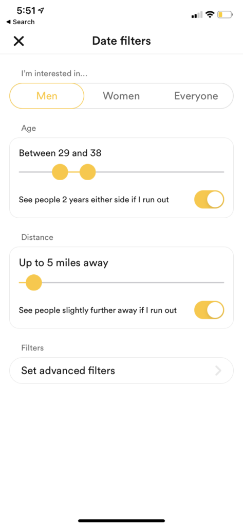 Date filters on Bumble. 