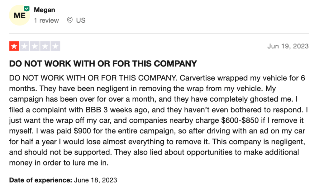 1-star Trustpilot review of Carvertise, a car advertising company.