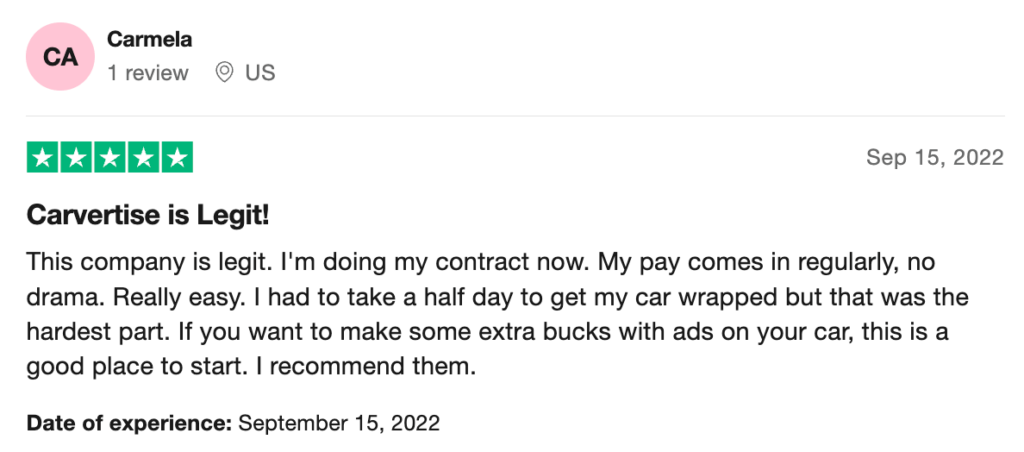 5-star Trustpilot review of Carvertise, a car advertising company.