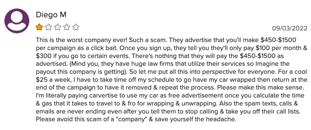 5-star BBB review of Carvertise, a car advertising company.