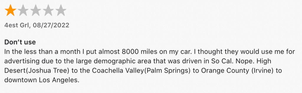 1-star App Store review of Nickelytics, a car advertising company.
