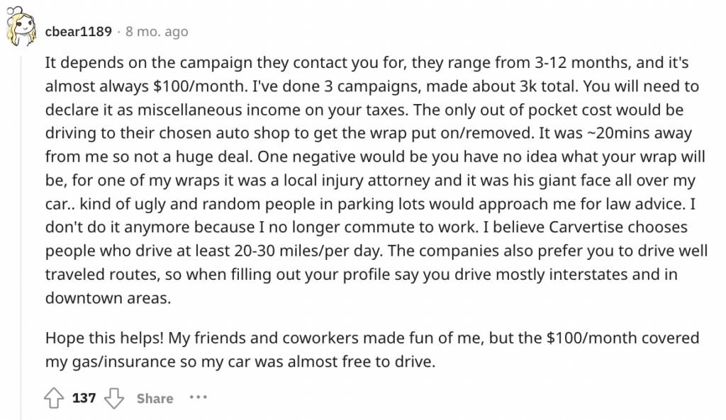 Payouts from car wrap advertising on Reddit.