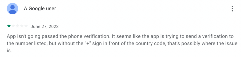 1-star Google Play review of Stickr.co, a car advertising company.