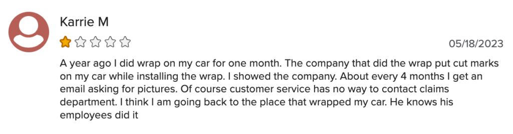 1-star BBB review of Wrapify, a car advertising company.