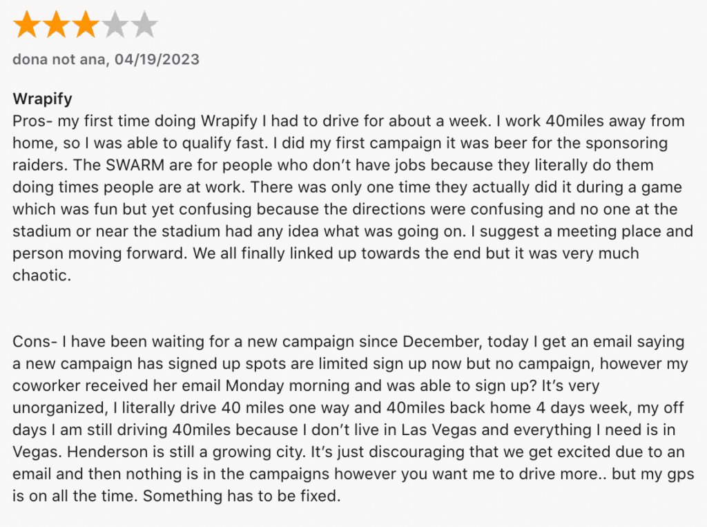 1-star App Store review of Wrapify, a car advertising company.