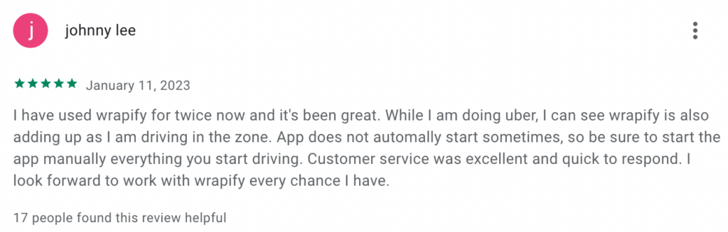 1-star Google Play review of Wrapify, a car advertising company.